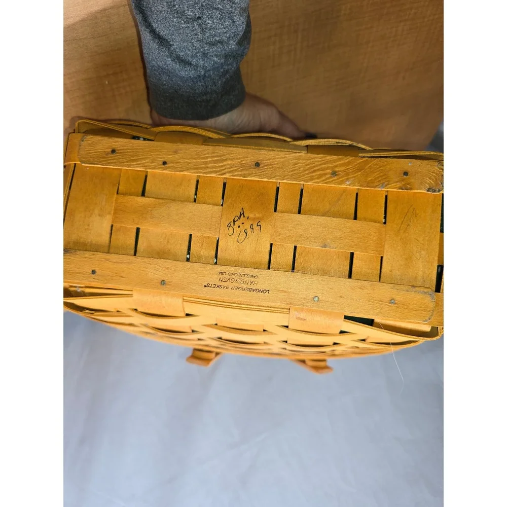 Vintage Longaberger Signed Basket, Liner, Insert, paperwork Slanted Swing Handle